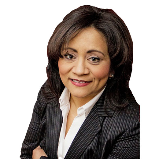 Photo of CiCi Rojas wearing pinstriped suit jacket, and white shirt against white background