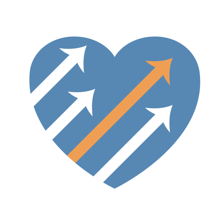 Blue heart with white and orange arrows going across it up and to the right