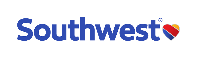 Southwest Airlines logo, with Southwest in blue block letters, followed by a rainbow striped heart.