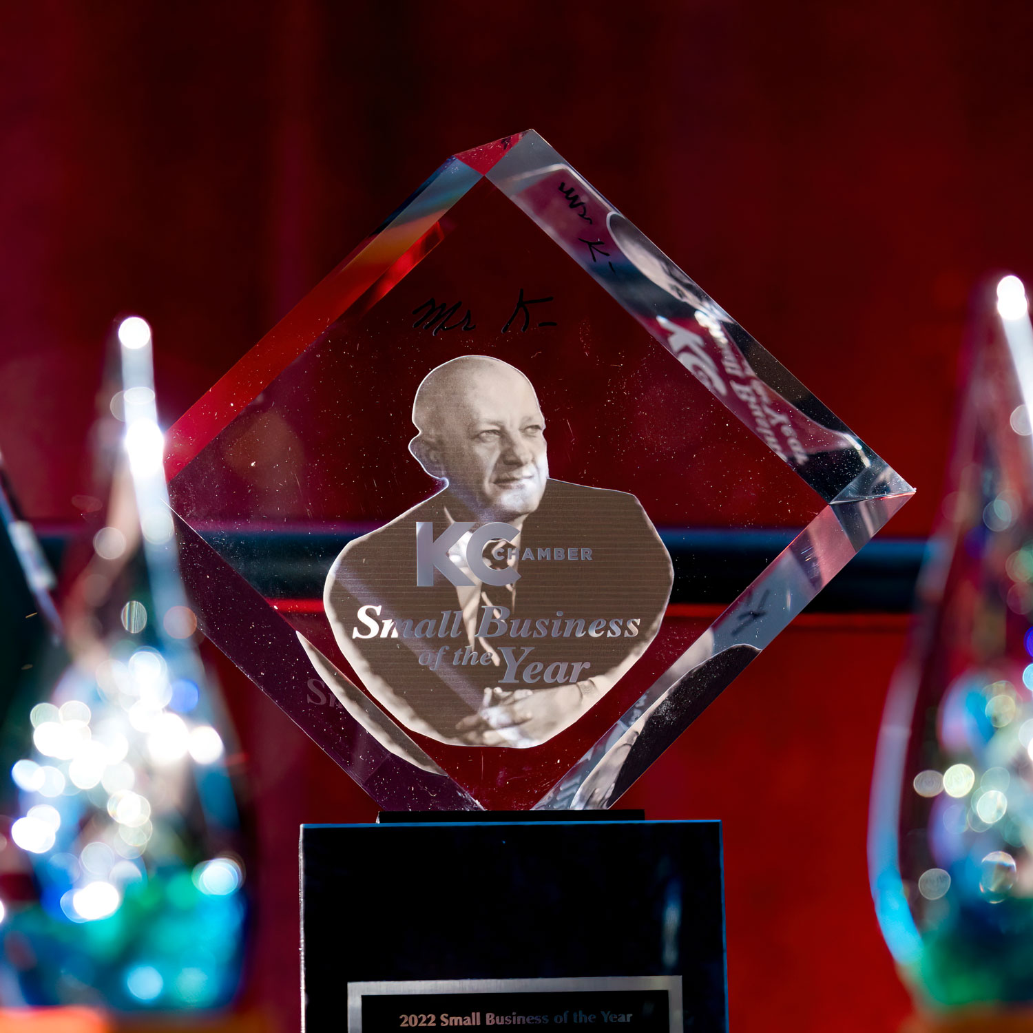 Photo of Small Business Celebration awards, featuring the Mr. K award in the center