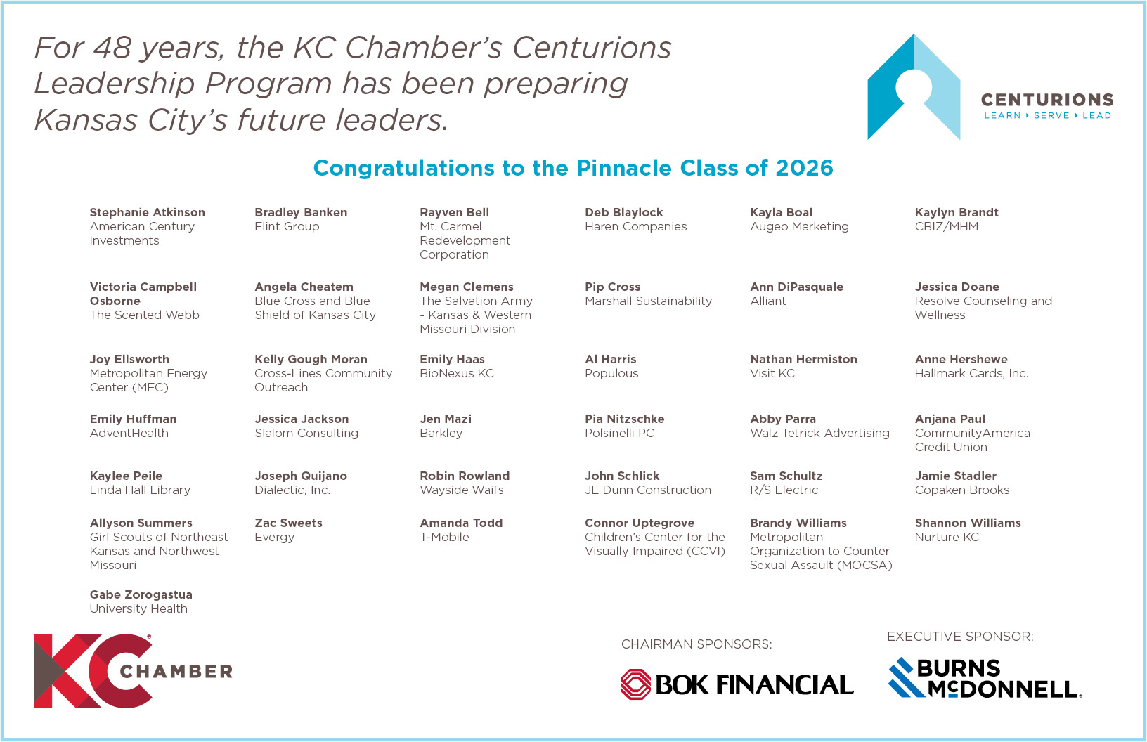 Congratulations graphic listing members of the Centurions Pinnacle Class of 2026