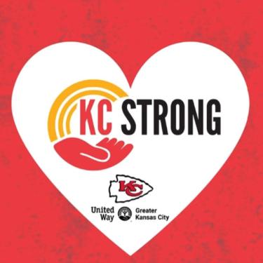 Mottled red background with white heart. KC Strong logo, Chiefs logo, and United Way logo inside the heart.
